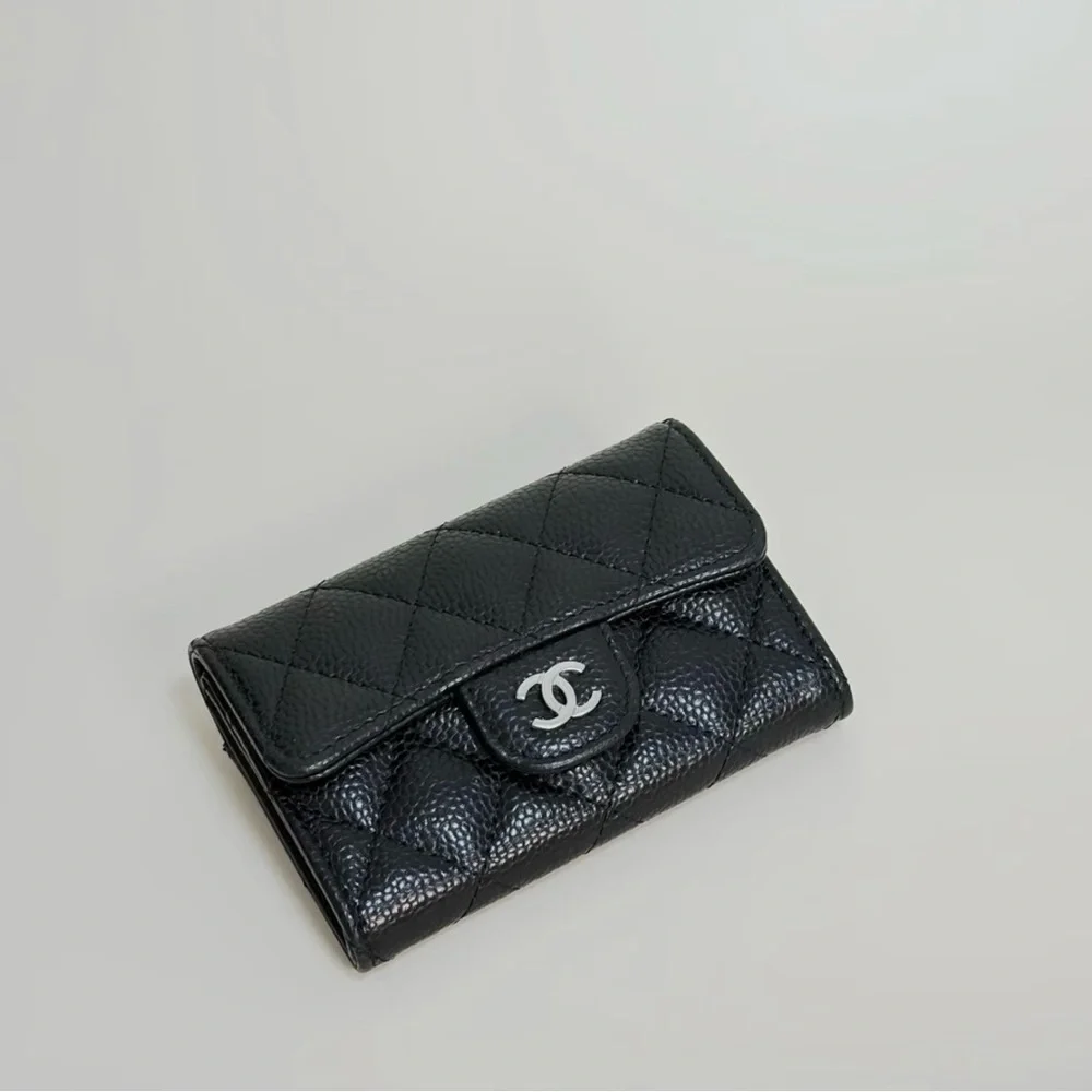 CHANEL Black Quilted Caviar Leather Mini Wallet with Silver CC